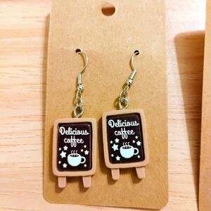 (2) Fun Coffee Earrings NEW Sandwich Board & Cups Java 3D Resin Funky Eclectic